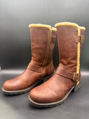 Clarks Womens US 8M Brown Leather Shearling Lined Mid Calf Moto Boots Buckle Zip